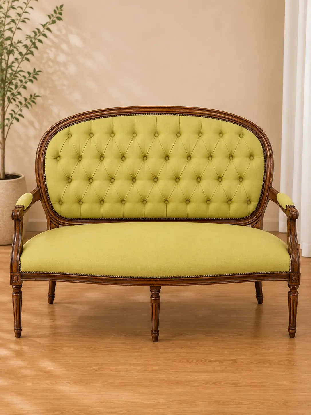 Sofás — Sofá Capitoné en Lino Verde Pistacho — Carval Muebles Viña del Mar