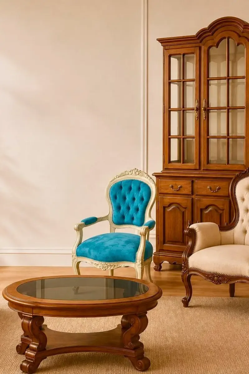 Sillón bergère tapizado en lino azul, restaurado por Carval Muebles